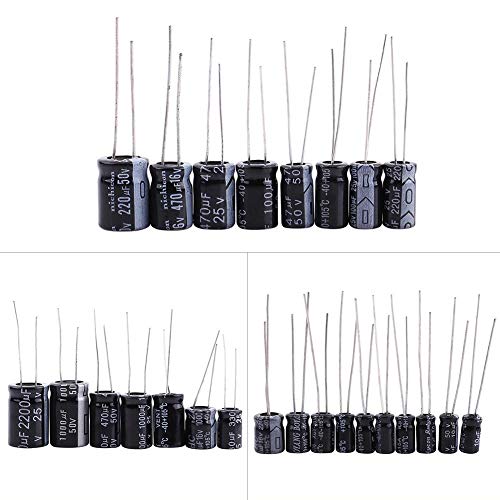Electrolytic Radial Capacitors, 125 Pcs 1uF~2200uF 25 Values Electrolytic Capacitors Circuit Parts Assortment Kit Set