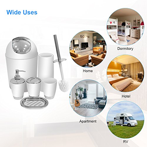 White Bathroom Accessories Set 6 Pieces Plastic Bathroom Accessories Toothbrush Holder, Rinse Cup, Soap Dish, Hand Sanitizer Bottle, Waste Bin, Toilet Brush with Holder - Thumbnail 6