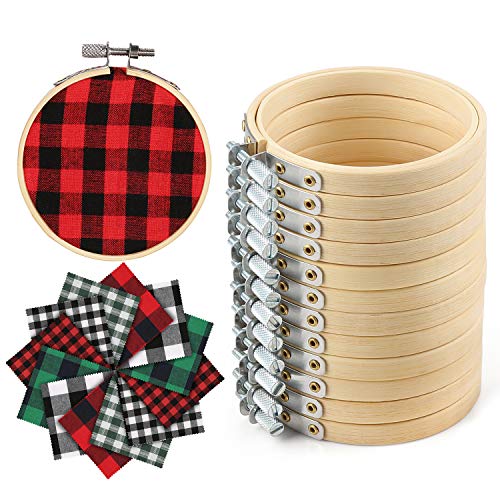 Caydo 12 Pieces Christmas Ornament Kit Including 4 Inch Embroidery Hoops and Plaid Fabric Christmas Fabric Squares for Christmas Decoration