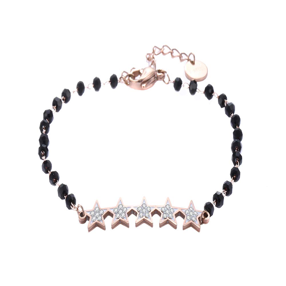 Stainless Steel Bracelet for Women, Black Bead Chain Star Pendant Adjustable Bracelet Charm Jewelry Sparkling Crystal for Girlfriend Birthday Gift
