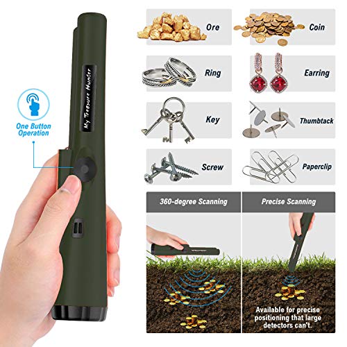 Metal Detector Pinpointer Water Resistant Gold Treasure Hunting Unearthing Tool Accessories with Buzzer Vibration for Kids Adults Bonus 2 Pack Battery and Belt Holster (Army Green)