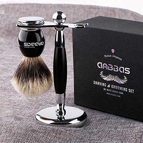 Shaving Brush and Stand, Anbbas Silvertip Badger Hair Brush Set with Stainless Steel Shaving Stand for Double Edge Safety Razor Straight Razor,Black Resin Alloy Handle for Men