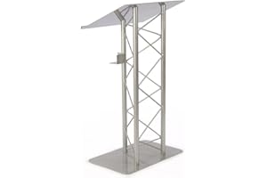 DISPLAYS2GO Truss Lectern for Speaker, 27"w x 48"h x 18.5"d, Includes Cup Holder, Silver Podium Stand - Aluminum and Steel Construction
