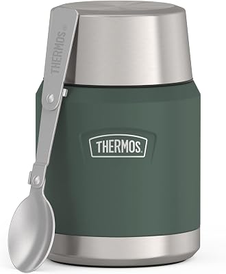 ICON Food Jar 0,47 l, verde mate/bosque, 470 ml, doble pared, acero inoxidable 18/8, mantiene el calor y el frío, con cuchara plegable, base antideslizante, totalmente hermética