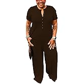 YeGine Plus Size Women Short Sleeve Loose Jumpsuit Casual Rompers One Piece Button Up Wide Leg Jumpsuits