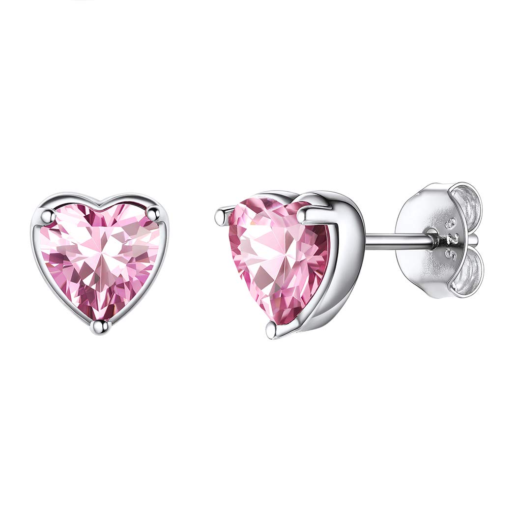 Suplight 925 Sterling Silver Pink Stud Earrings for Women Girls, Hypoallergenic Earring for Sensitive Ear Screw Back Dainty Minimalist October Birthstone Heart Earrings