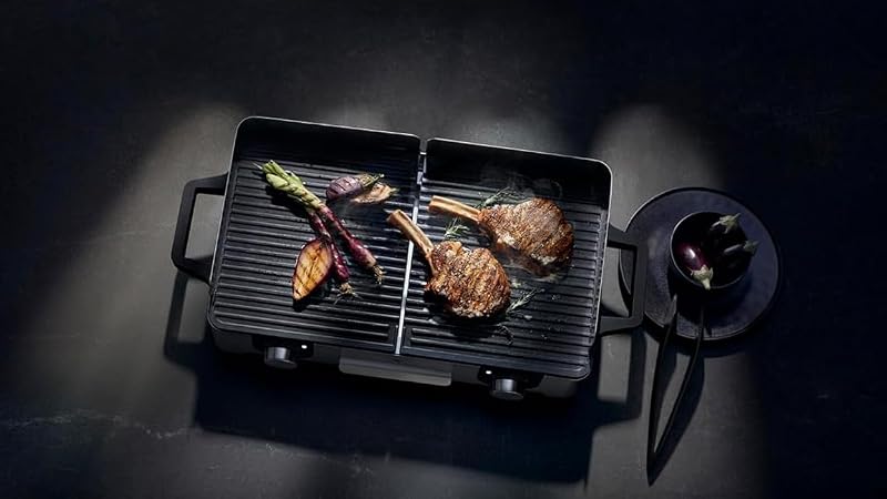 Lono Master-Grill, Elektrogrill, 50x28 cm, Elektrogrill Tischgrill mit Windschutz und Auffangschale, Outdoorzertifiziert für Barbecue, 2 getrennt regulierbare Grillflächen, 2400 W, edelstahl matt