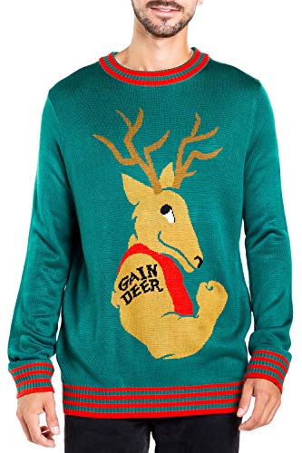 Men's Funny Weightlifting Ugly Christmas Sweater - Gain Deer Funny Xmas Sweater: Large Green