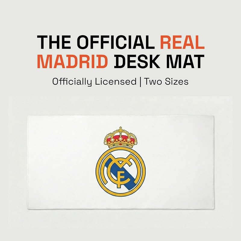 Tappetino da scrivania Real Madrid con stemma a colori su sfondo bianco, 43 x 90 cm