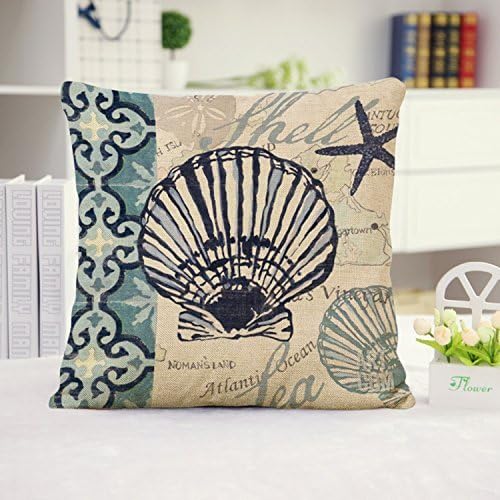 Wevda® Sea Turtle Octopus Fishes Retro Cotton Linen Square Throw Pillow Case Decorative Cushion Cover Pillowcase Blue Ocean Series Sea Life 18*18 - Scallop