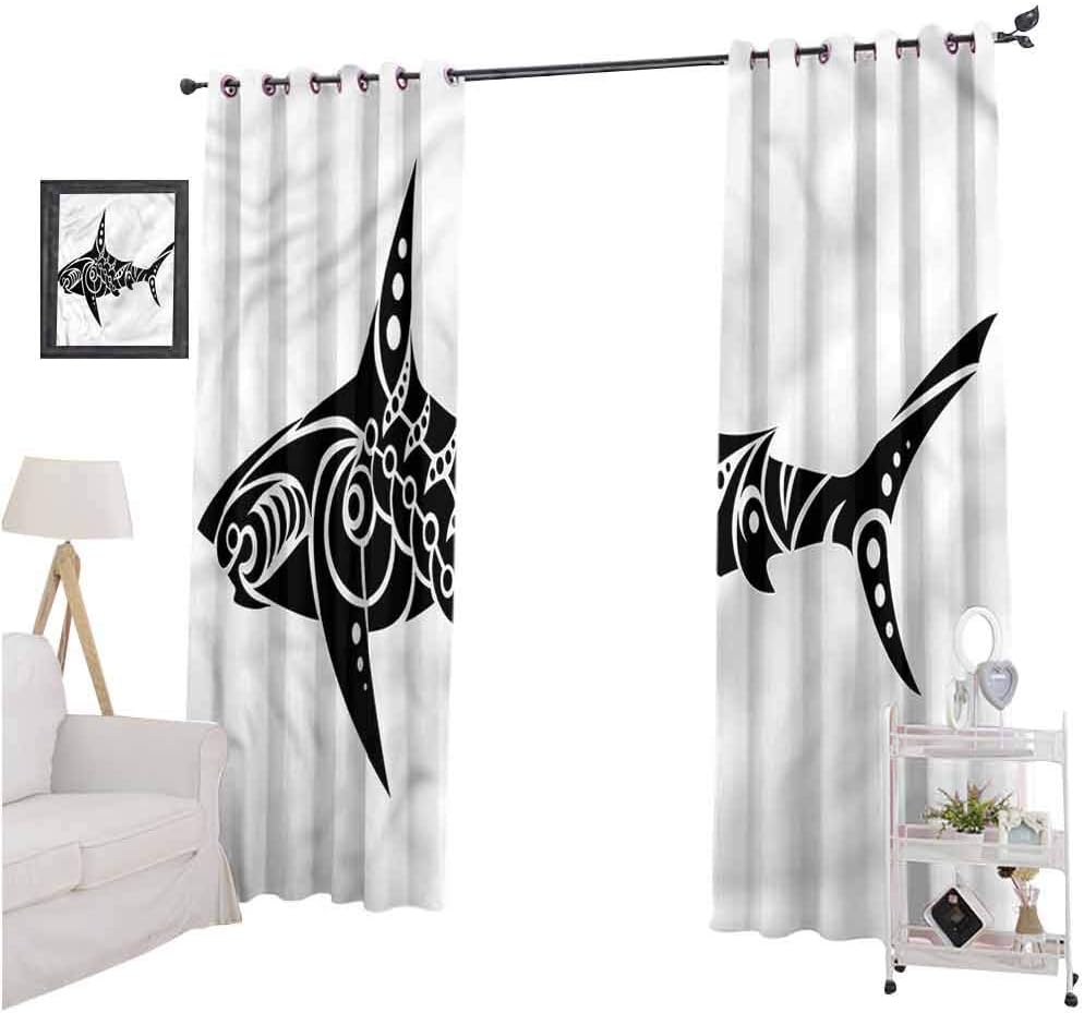 Aishare Store Bedroom Blackout Curtain Panels, Tribal,Shark Tattoo Design Artwork, 63 Inches Long Room Darkening Curtains for Living Room, Set of 2 Panels
