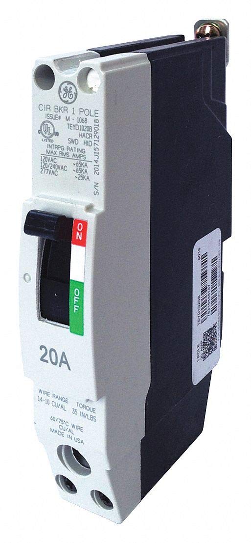 GE Circuit Breaker, 20 Amps, Number of Poles: 1, 277VAC AC Voltage