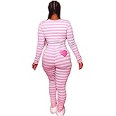 Aopwsrlyi Women Sexy One Piece Pajamas Valentines Day Outfit Striped Long Sleeve Button Front Bodycon Jumpsuit