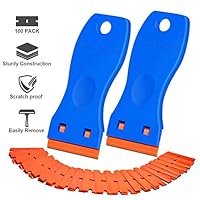 Plastic Razor Blade Scraper, 2 Pack Scraper Tool with 100 Pack Plastic Razor Blades Decal Sticker Remover Scraper Tool for Auto Window Tint Vinyl Tool Application, Easily Remove (Blue)