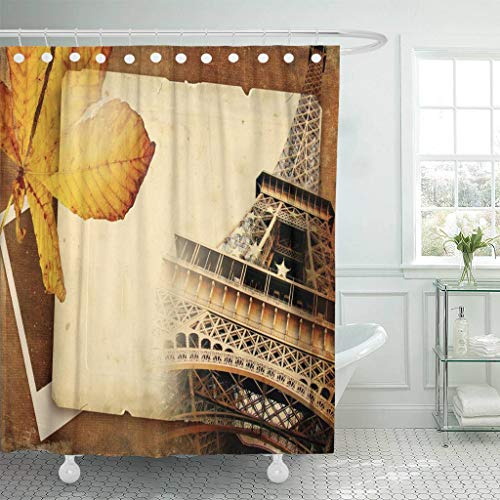Emvency Fabric Shower Curtain Curtains with Hooks Brown Album Autumn in Paris Retro with Old Page Yellow Aged Architecture Artistic Border Cardboard City 72"X84" Waterproof Decorative Bathroom