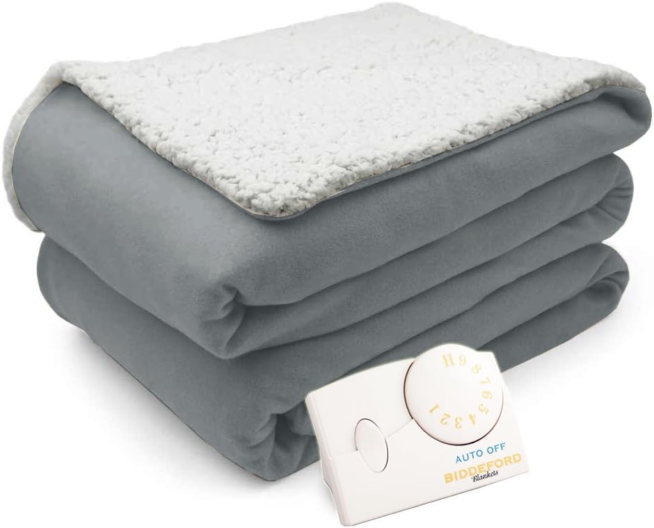 Biddeford Comfort Knit Natural Sherpa Electric Heated Blanket Twin Gray