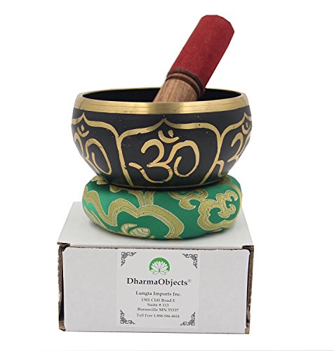 DharmaObjects Relaxing Yoga Meditation Om Peace Singing Bowl / Silk Cushion / Rosewood Mallet Set (Medium, Black)
