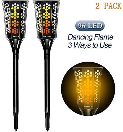 CINOTON Solar Tiki Torches Upgraded, Waterproof Solar Torch Lights with Flickering Flame, Landscape Decoration Lighting, Dusk to Dawn Auto On/Off Security Warm Light for Garden Patio Driveway (2 PACK)