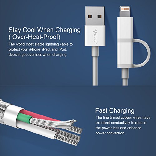 BULL 2 in 1 Apple Lightning and Micro USB Cable, 8 Pin Lightning with MFi Certified, Dual Connector Sync and Charge Cable for iPhone 8 7 6 5 iPad iPod Samsung HTC and More, 3ft White