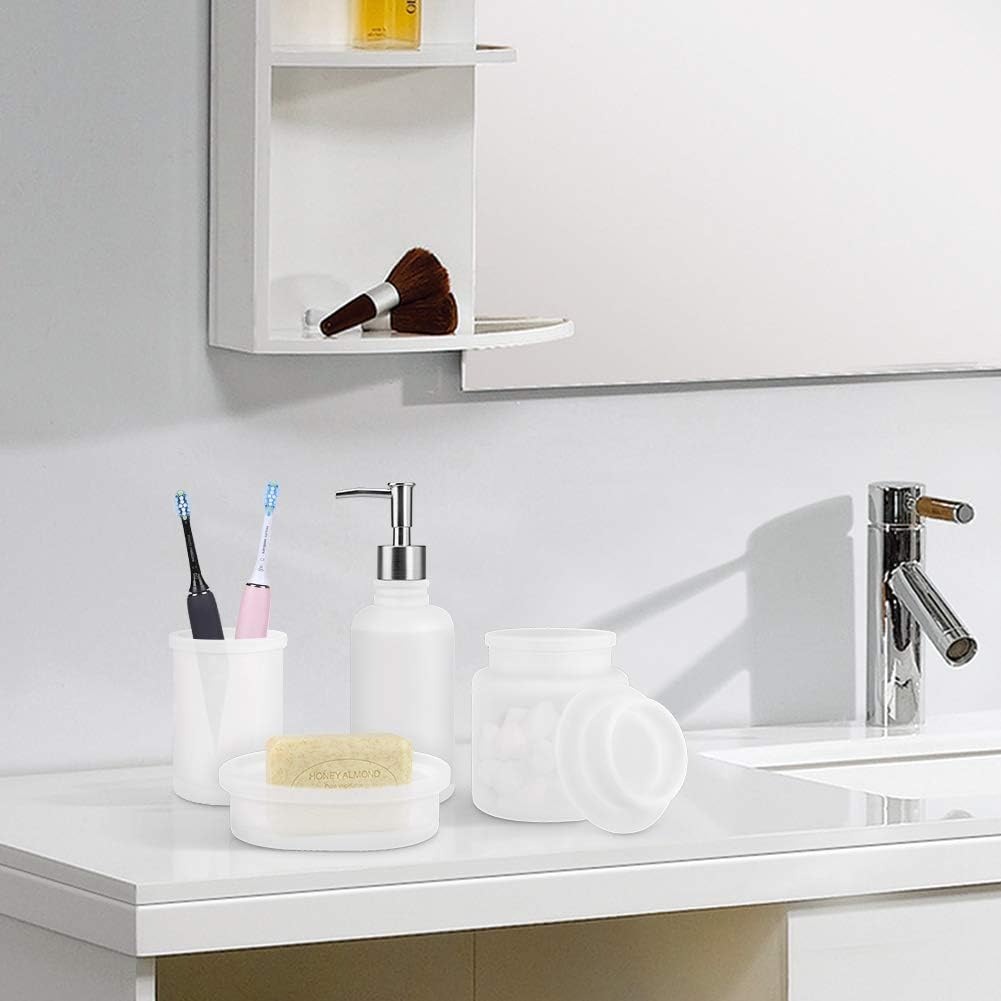 4 Piece Housewares Clear Glass Bathroom Accessories Set Complete Bath Ensemble Sets For Bathroom Decor Includes Soap Dispenser Pump Toothbrush Holder Tumbler Soap Dish Bath Set Collection White Amazon Co Uk Kitchen Home