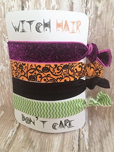 Halloween No Crease Hair Tie Set with Purple Glitter, Orange and Black Swirl Pumpkins, Black and Lime Green Chevron