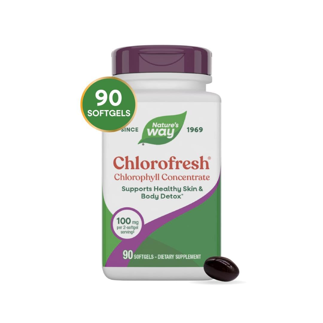 Nature’s Way Chlorofresh Chlorophyll Concentrate, Chlorophyll Supplements, Supports Detox Pathways* & Healthy Skin*, Chlorophyllin Copper Complex, Internal Deodorant*, 90 Softgels (Packaging May Vary)