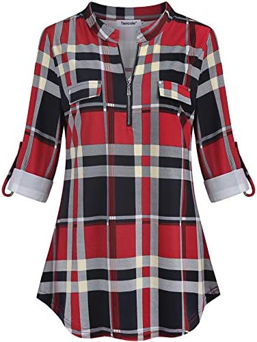 Tencole Women Rolled Sleeve Plaid Tunic Shirt Casual V Neck Zipper Front Blouse