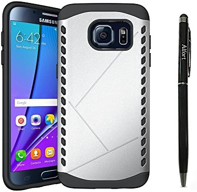 Samsung Galaxy S6 Edge Case, Alfort 2 in 1 Phone case cover Hard PC + TPU Full protection for Samsung Galaxy S6 Edge Smartphone Hyper Anti-Shock ( Silver ) + Black Stylus Pen