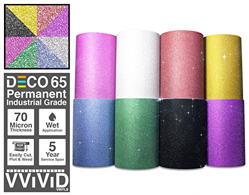 VViViD Glitter DECO65 8-Color Bundle Permanent Adhesive Craft Vinyl 1ft x 3ft Roll Pack Including 1ft x 3ft High-Tack Transfer Paper Roll