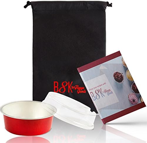 HoogaGoods B8K Aluminum Foil Cupcakes Liners Baking Cups Comes with Plastic Lids Carrying Bag and 10 Recipes EBook (Red, 5 oz, Set of 100)