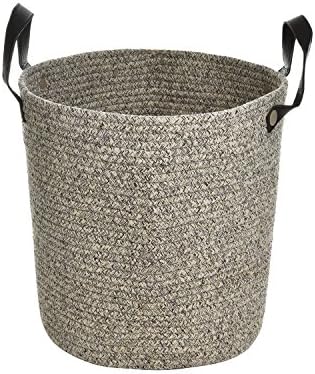 X.Sem Cotton Rope Storage Baskets with Leather Handle,Small/Medium/Large Size Woven Baskets, Laundry Basket, Toys Storage, Nursery Bins for Home Decor (Coffe, M (13''x13''))