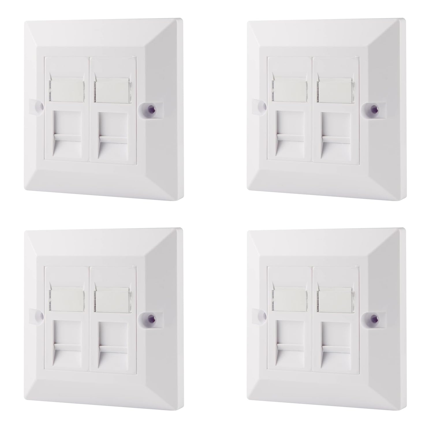 rhinocables CAT5e Ethernet Faceplate | Double 2 & Quad 4 RJ45 Gang Wall Sockets | Simple CAT 5 Setup for Printers, VoIP, Phones & More | Network Expansion for Home or Business (2 Port,Pack of 4)