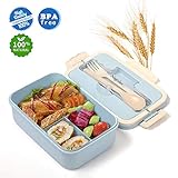 Bento Lunch Box For Kids & Adults With 3 Compartment, Leakproof Lunch Containers With Spoon & Fork Microwave Dishwasher Safe, BPA Free Meal Box With Handle, Wheat Fiber Blue