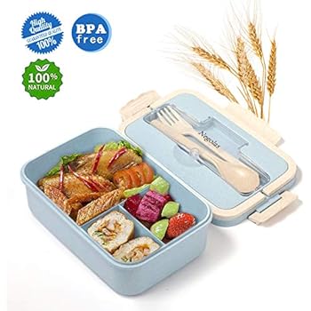 Bento Lunch Box For Kids & Adults With 3 Compartment, Leakproof Lunch Containers With Spoon & Fork Microwave Dishwasher Safe, BPA Free Meal Box With Handle, Wheat Fiber Blue