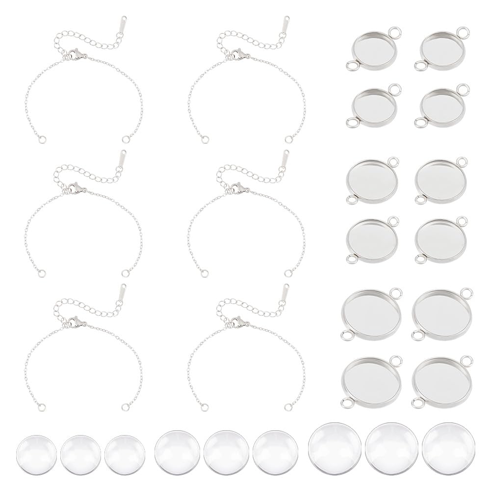 UNICRAFTALE 18 Set DIY Bracelet Making Kits Stainless Steel Adjustable Bracelets Flat Round Cabochon Connector Settings Bracelet Bezel Settings Glass Cabochons Blank Bracelets for Jewelry Making