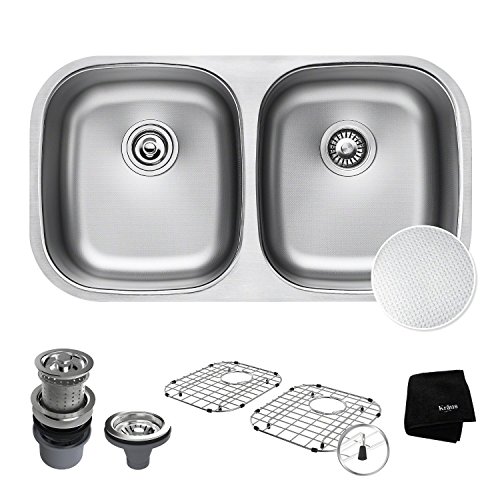 Kraus Outlast MicroShield Scratch-Resist Stainless Steel Undermount 50/50 Double Bowl Sink, 32