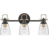 Hinkley Easton Three Light Bath Vanity Fixture, Modern Industrial, Clear Seedy Glass Shade, Mounts Up or Down, Black and Heri