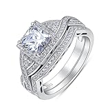Sterling Silver 2 Pieces Princess Cut Cubic Zirconia Cross Shank Bridal Engagement Wedding Halo Ring Set