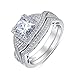 BL Jewelry Sterling Silver 2 Pieces Princess Cut Cubic Zirconia Cross Shank Halo Style Engagement Ring Bridal Set