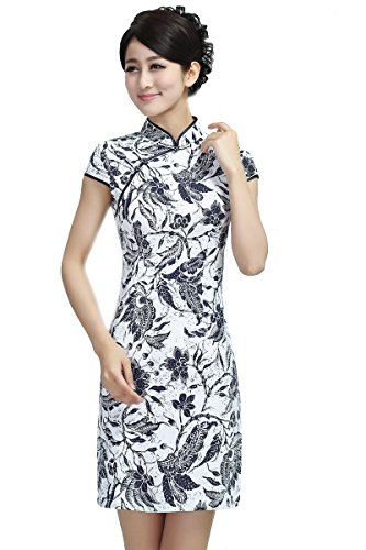 JTC Women Cheongsam Chinese Dress Cup Sleeve White