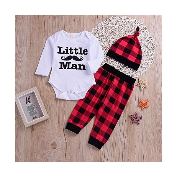 YOUNGER TREE Newborn Boy Clothes Set Long Sleeve Romper,Plaid Pants + Cute Hats 3pcs Outfit - Image 4