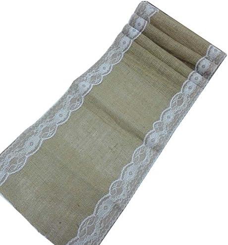 Teasun Burlap White Lace Hessian Table Runner Jute Country Outdoor Wedding Party Decor (Pack of 10)