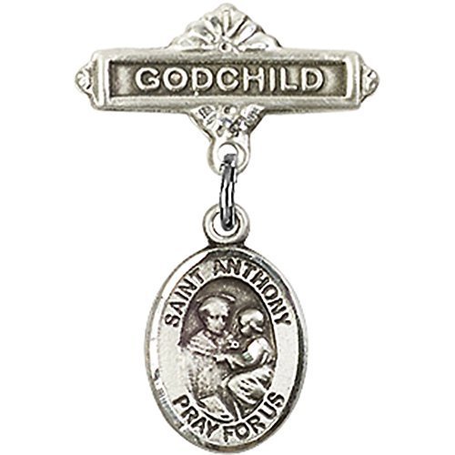 Sterling Silver Baby Badge with St. Anthony of Padua Charm and Godchild Badge Pin 1 X 5/8 inches