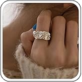 Aneneiceera Vintage Hammered Silver Chunky Ring Silver Wrinkle Ring Abstract Wide Band Ring Punk Open Irregular Ring Adjustable Statement Ring Jewelry for Women