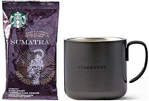 Starbucks Coffee Mug | Stainless Steel Starbucks Cup (Black) with Sumatra Coffee Pack (Dark Roast 2.5oz)
