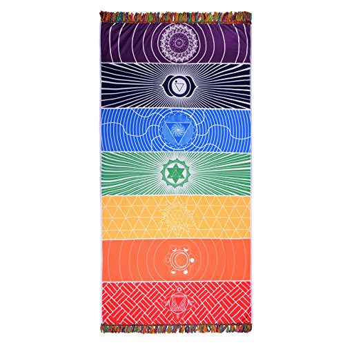 CHIC DIARY Beach Towel Blanket Rainbow Chakra Tapestry Stripes Yoga Mat Bath Pool Scarf with Tassels