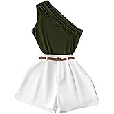 WDIRARA Women's 2 Piece Shorts Set One Shoulder Sleeveless Outfits