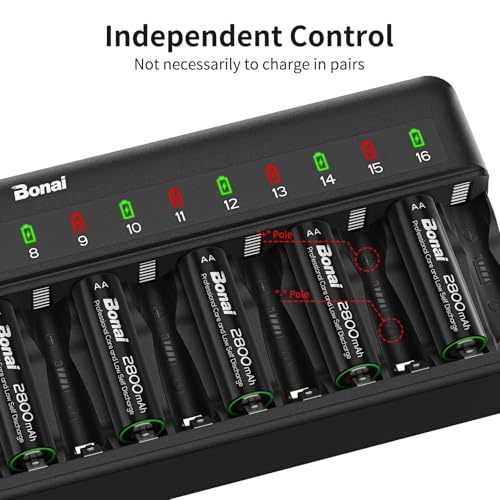 BONAI 16 Slots Battery Charger, Battery Charger for AA and AAA Ni-MH Rechargeable Batteries with Smart and Independent Charging, LED Indicator, Batteries Not Included - Black