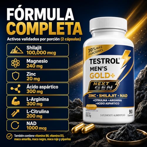 TESTROL GOLD + Next Gen, Suplemento para Hombres con Zinc, Shilajit, NAD, Magnesio, Arginina, Citrulina y Ácido Aspártico, 90 Cápsulas.