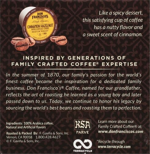 DON FRANCISCO’S HAZELNUT FLAVORED K-CUP, CINNAMON, 12 COUNT